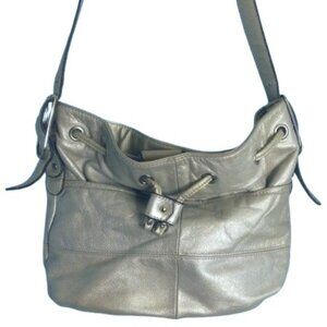 Tignanello Silver Leather Shoulder Bag Striped Interior Adjustable Strap Pockets